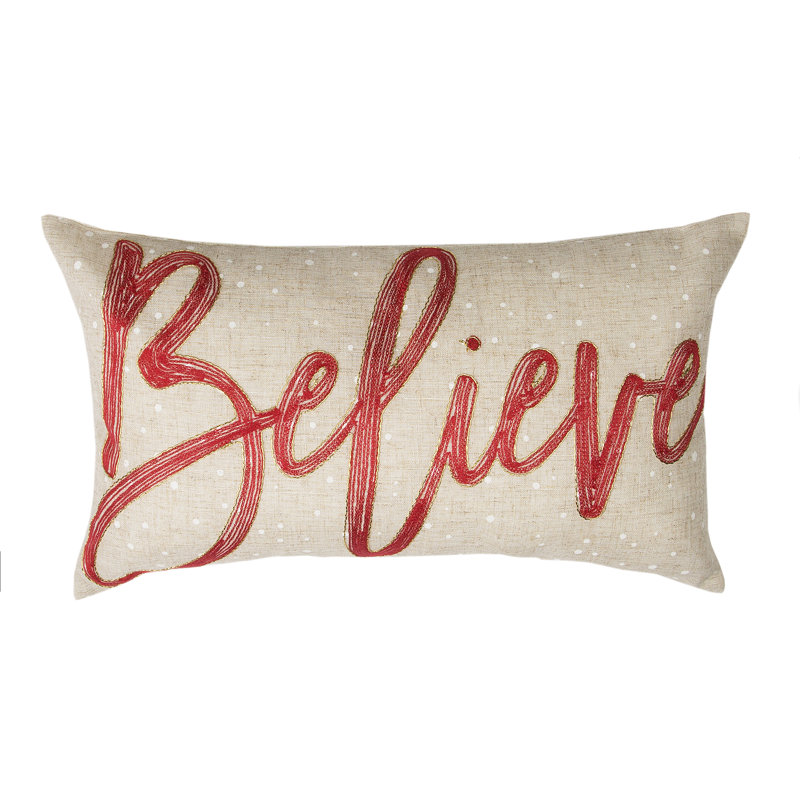 Believe Embroidered Beige and Red Christmas Pillow, 12 by 20-Inch