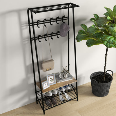 Entryway Hall Tree with Shoe Rack in Metal - 25-Inch Freestanding Coat Rack with Hooks for Hallway or Bathroom