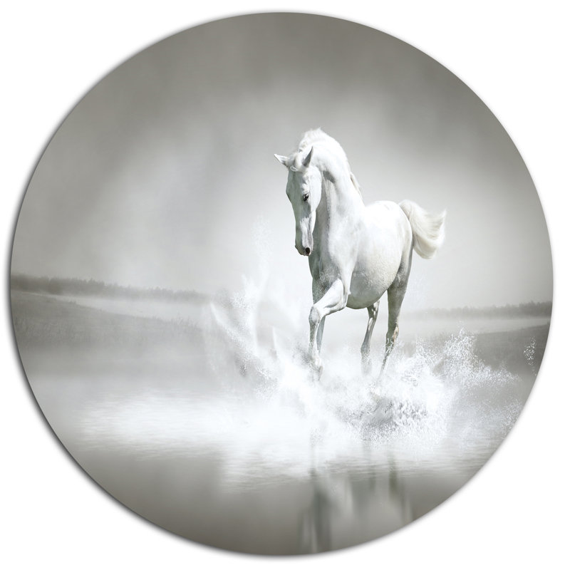 «White Horse Courir dans l'eau», impression sur métal, H 23 po x l 23 po