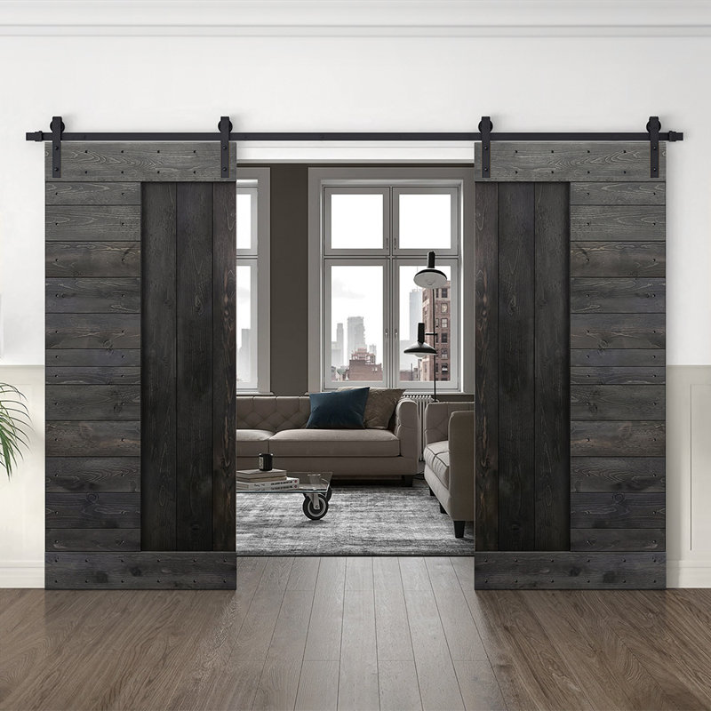Porte de grange à panneaux et en bois avec quincaillerie d'installation, 72 po x 84 po, Noir anthracite