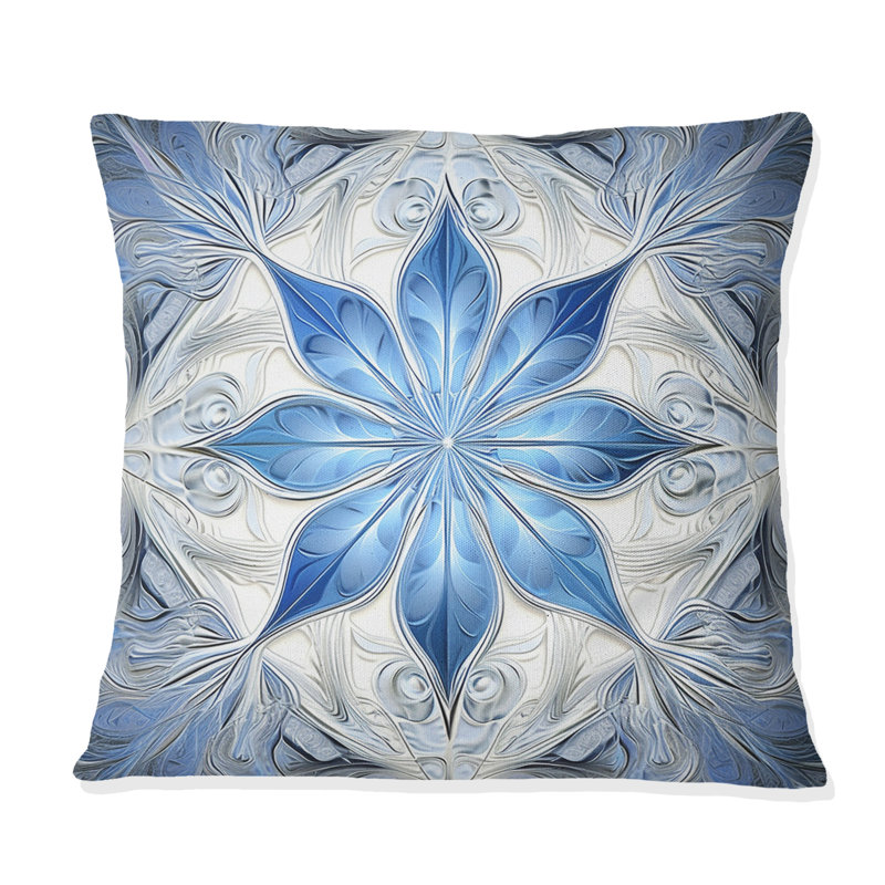 Coussin décoratif à imprimé géométrique abstrait turquoise et blanc Fractal Flowers I