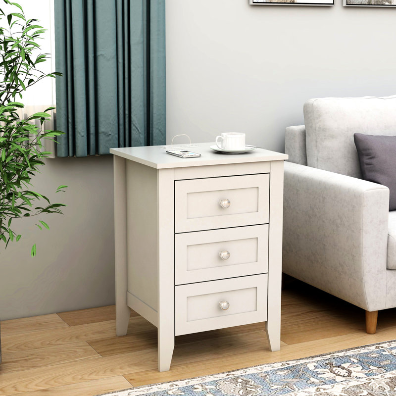 Bedroom Nightstand With 2 Ports And Power Outlets - White Modern For Charging Ability