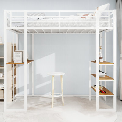 Twin White Iron Bed, Railing, Stairs On Both Sides, Functional, Bedroom, Table, Long Service Life Built - In Robust, Youth Bedroom, Stable Structure, Double Supported Legs