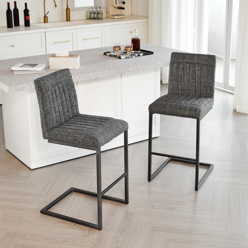 Bar Stool - Speckled Textured Fabric with Vertical Tufted Backrest, , Sturdy Metal Frame & Footrest for Kitchen Island & Home Bar,2 Sets