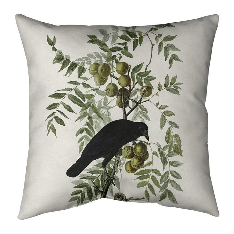 Housse de coussin carrée et insert John James Audubon American Crow, 20 po x 20 po, Bourre en polyester, Blanc cassé