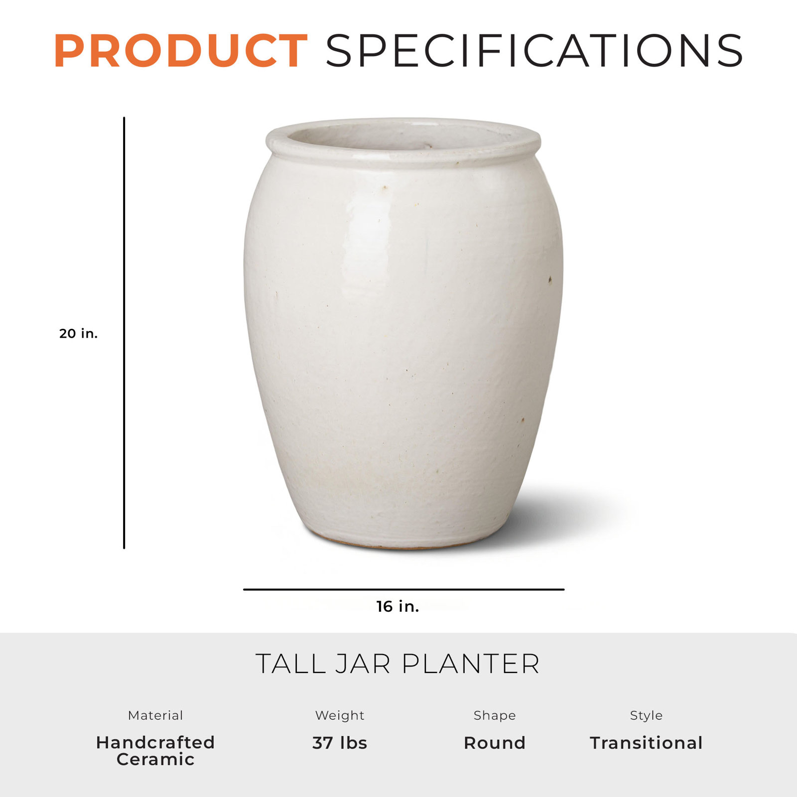 Proberta Ceramic Pot Planter, 20" H x 16" W x 16" D, White