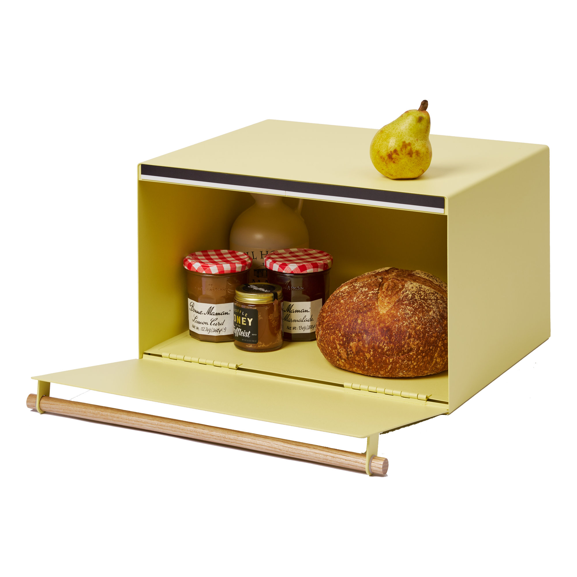Yamazaki Home Tosca Bread Box Keeper Holder Container, Metal Bread Holder Saver - Steel - Wood, Yellow Pear