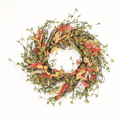 24" Artificial Farmhouse Twig Maple Autumn Leaves Berry Fall Wreath for Front Door Thanksgiving Day Decor