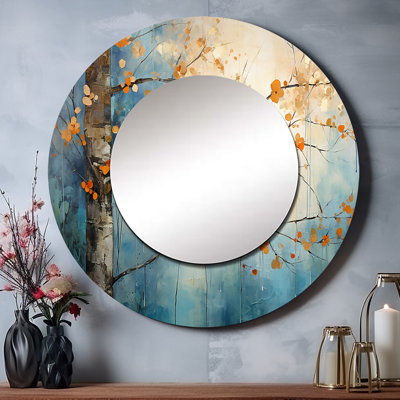 Selvyn orange sarcelle érable éclatant II - miroir érable, miroir mural rond unique traditionnel, art imprimé en métal