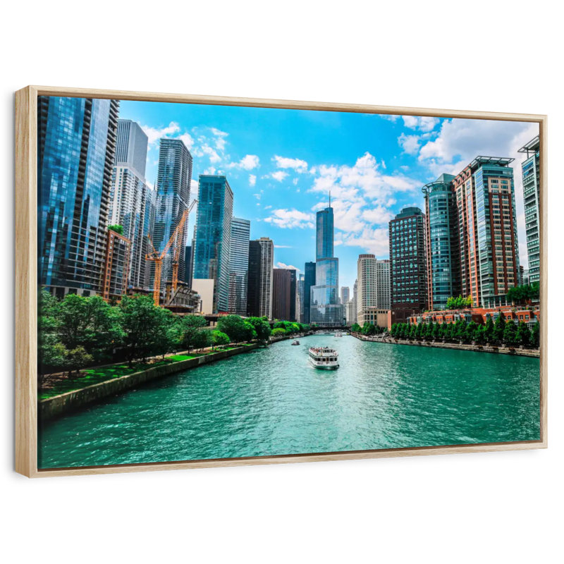 Chicago Urban River, 19 po x 13 po, Cadre flottant en bois naturel