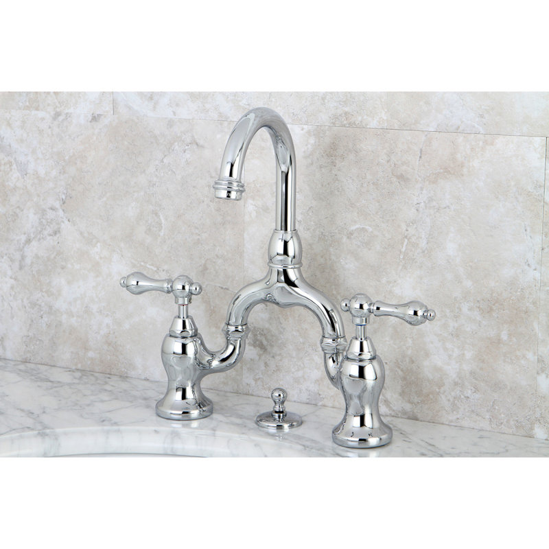 Kingston Brass English Country Two-Handle 3-Hole Deck Mount Bridge Bathroom Faucet with Brass Pop-Up, Polished Chrome