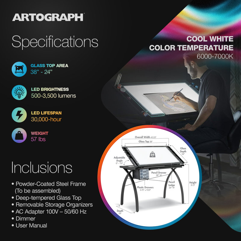 Artograph Futura Light Table for Artists with Storage & Dimmable Glass Work Top