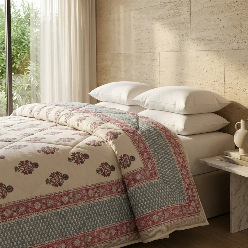 100% Cotton Muslin Reversible Comforter | Hypoallergenic Jaipur Hand Block Print, King, Pink