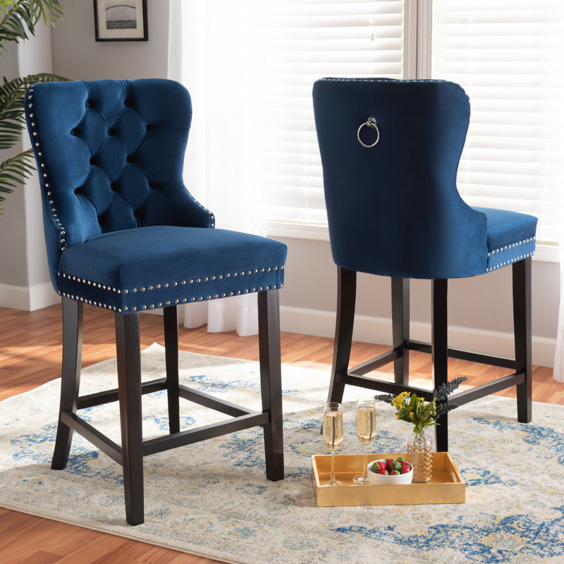Upholstered Counter Stool with Solid Wood Frame, Blue