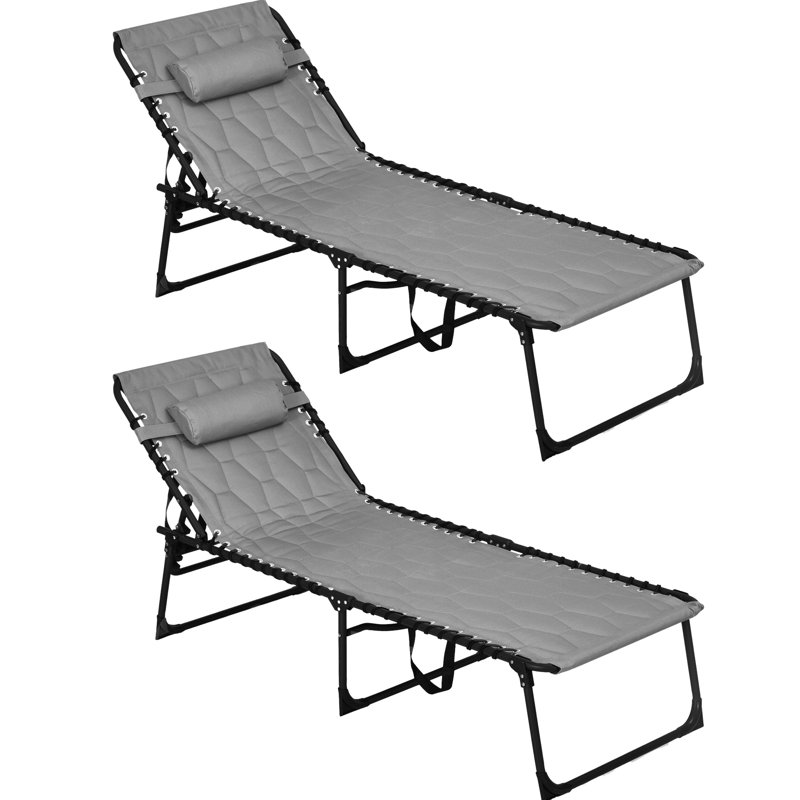 Fauteuil de bronzage Beach Yard, inclinable réglable à 5 angles, siège rembourré, poche latérale et chaise longue pliante grise pour patio, 5 positions,