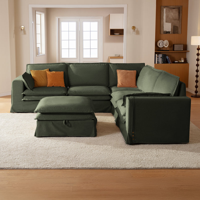 L-shaped Pet-Friendly Fabric Oversized Enveloping Feel Double-decker Sofa With A Storage Ottoman, Green Polyester