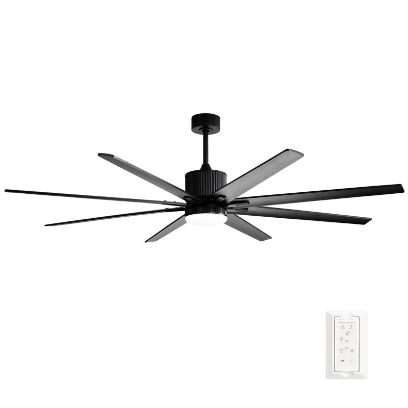 Ventilateur de plafond 76 pouces avec télécommande à intensité variable de 18 W à DEL 8 pales en bois massif noir pour le salon