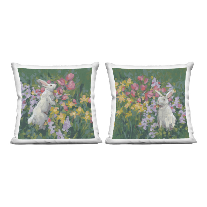 Ensemble de coussins décoratifs imprimés 2 pièces Rabbits in Spring Gardens, design par June Erica Vess, 18 x 7 x 18