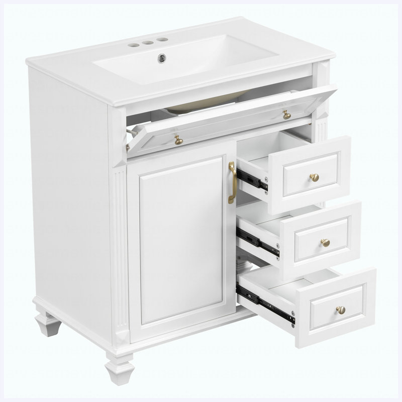 Meuble-lavabo autoportant de 30 po avec lavabo en céramique, tiroir escamotable, 3 tiroirs et armoire de rangement, bois massif et panneau de fibres à densité moyenne, blanc