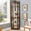 Armoire vitrée d'angle vitrée éclairée avec tablettes réglables Armoire à vin en cerisier sculpté, parfaite pour la maison ou le bureau - Cerisier foncé
