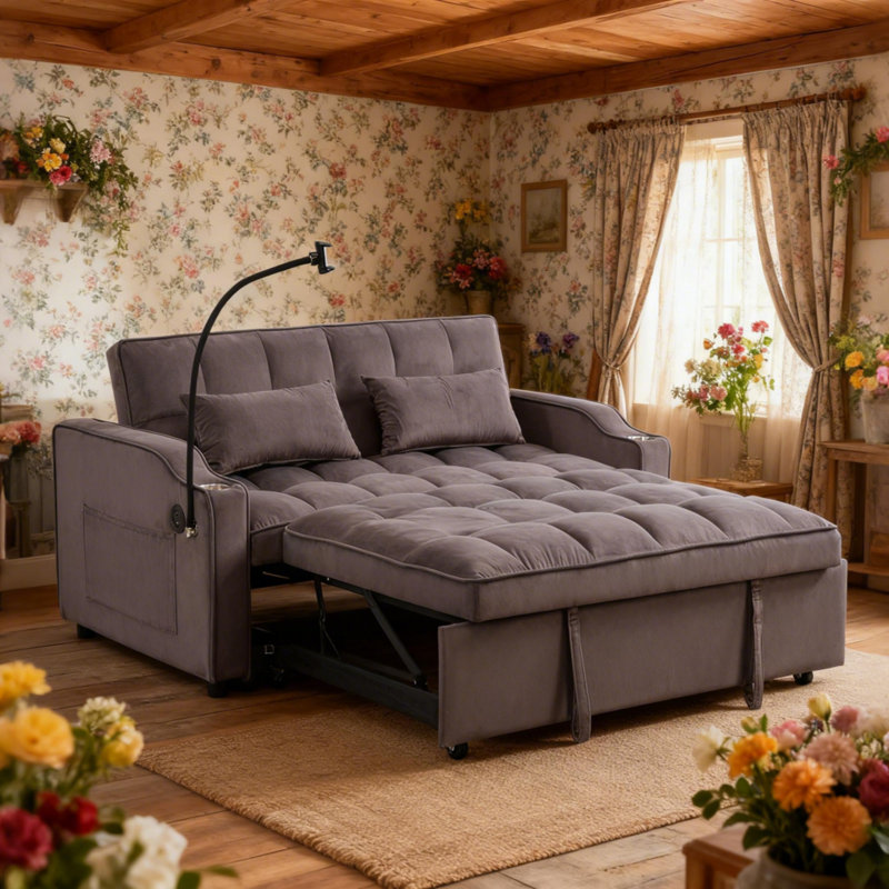 Canapé-lit futon moderne en velours avec lit escamotable, canapé-lit convertible 3 en 1 avec dossier réglable, coussins décoratifs, poches latérales et ports USB pour le salon ou le bureau