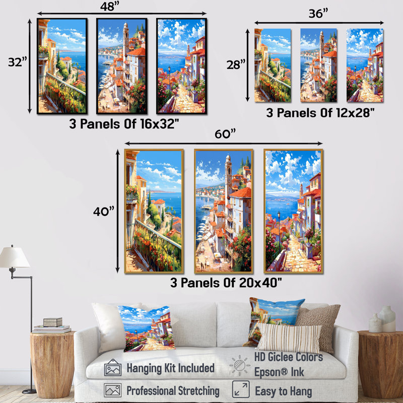 Magnifique paysage en Italie - ensemble de 3 reproductions d'art mural en Italie, Cadre flottant noir, H 28 po x l 36 po