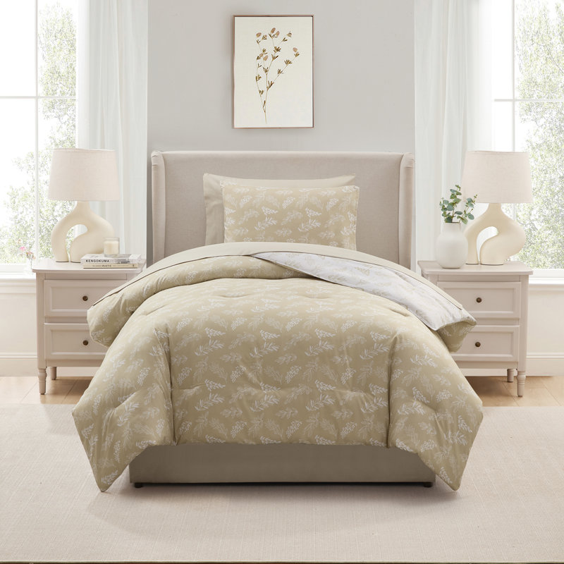 Nestl Botanical Bed in a Bag 5 piece Comforter Set with Sheets & Pillow Shams, Lavender/Off White