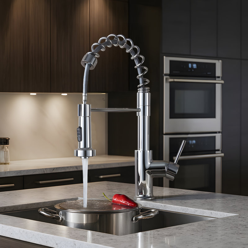 Blossom Chrome Finish Commercial Pull-Down Kitchen Faucet – Solid Brass Spring Sink Faucet with Single Handle, 1 or 3-Hole Installation for Farmhouse, RV, and Utility Sinks