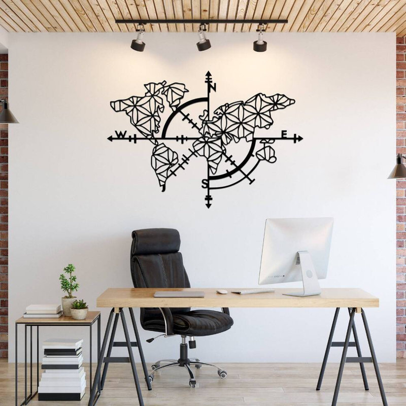 Art mural en métal carte du monde boussole - voyage aventure murale - carte du monde et boussole Silhouette Design sculpture - suspension murale industrielle moderne - Wanderlust Home Decor - décoration de salon de bureau - pièce d'art audacieuse audac