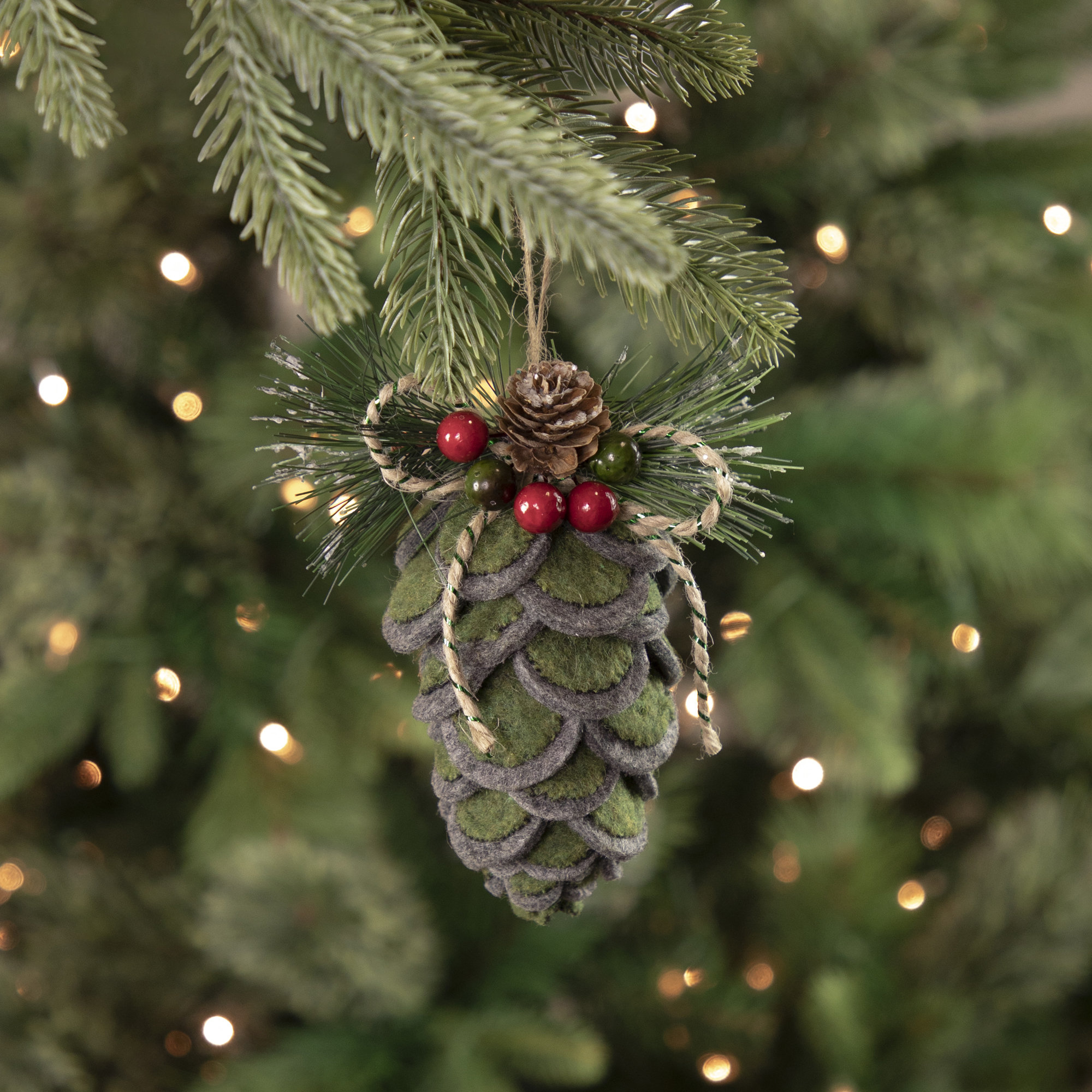 6 Green Felt Pine Cone with Berries Christmas Ornament