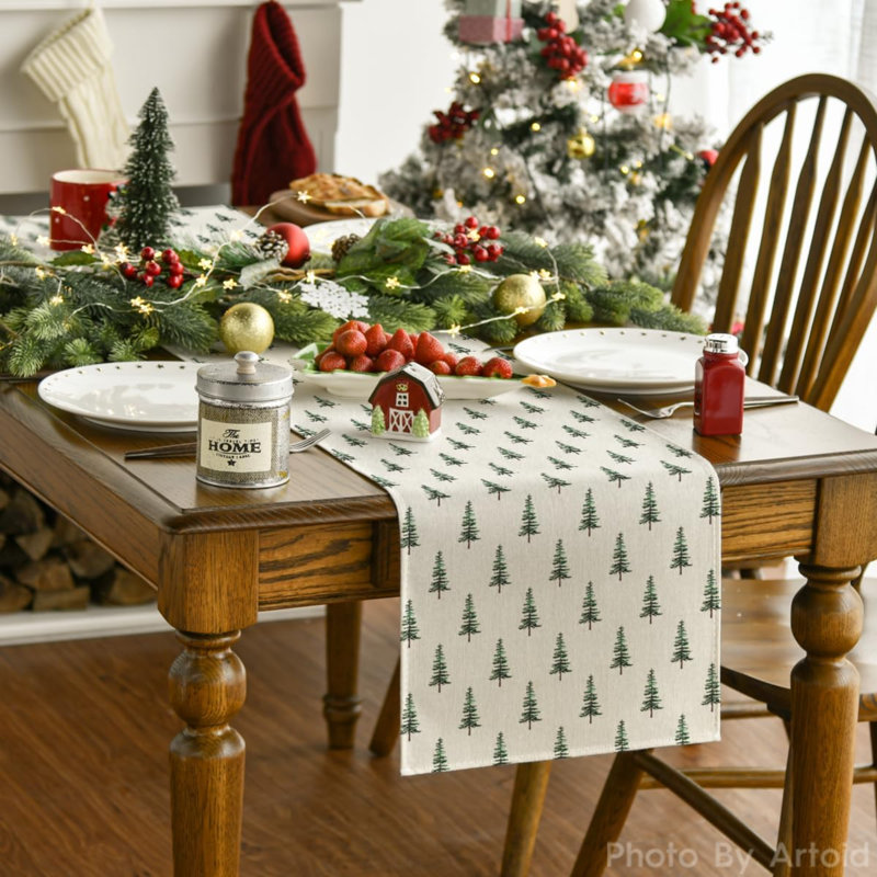 Xmas Tree Christmas Table Runner, Seasonal Winter Kitchen Dining Table Decoration For Home Party Decor, 48" x 13", 1