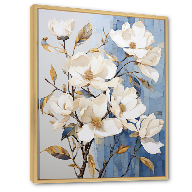 «Elegant White and Blue Magnolias Bloom II», reproduction sur toile, Cadre naturel flottant, 32" H x 24" W