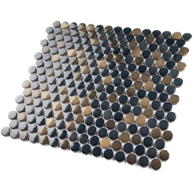 Porcetile Round 12.41 in. x 11.46 in. Penny Glossy Porcelain Mosaic Wall and Floor Tile