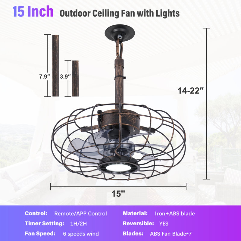 Ventilateur de plafond suspendu de 15 pouces à suspendre en plein air avec lumière DEL, télécommande et contrôle d'application, or brossé noir
