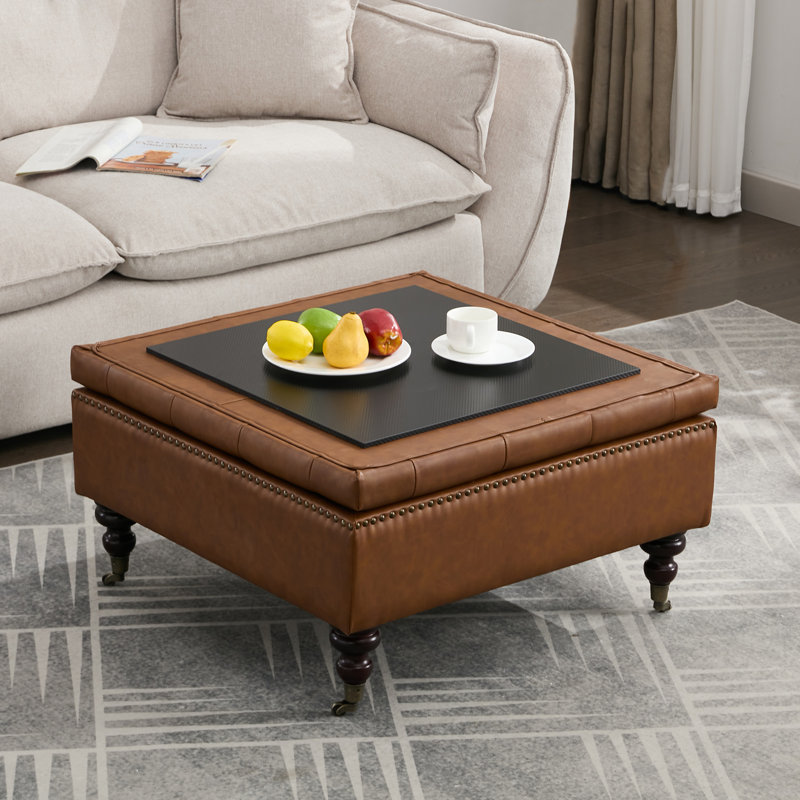 Daania Upholstered Square Tufted Storage Ottoman, Brown Leather
