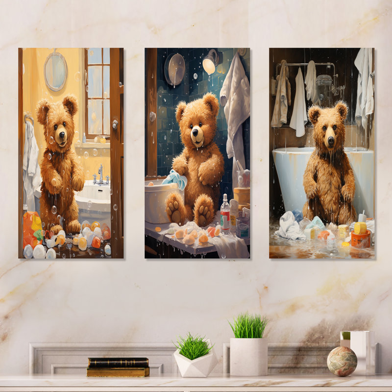 «Bathroom Bear Bear Bubbles I», ensemble de 3 toiles à linge, Toile tendue, H 28 po x l 36 po