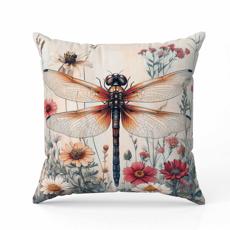 Oreiller en libellule Wildflower, Vert/rouge, H 20 po x l 20 po