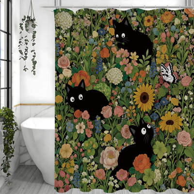 Cats Flowers Shower Curtains with Hooks Included
