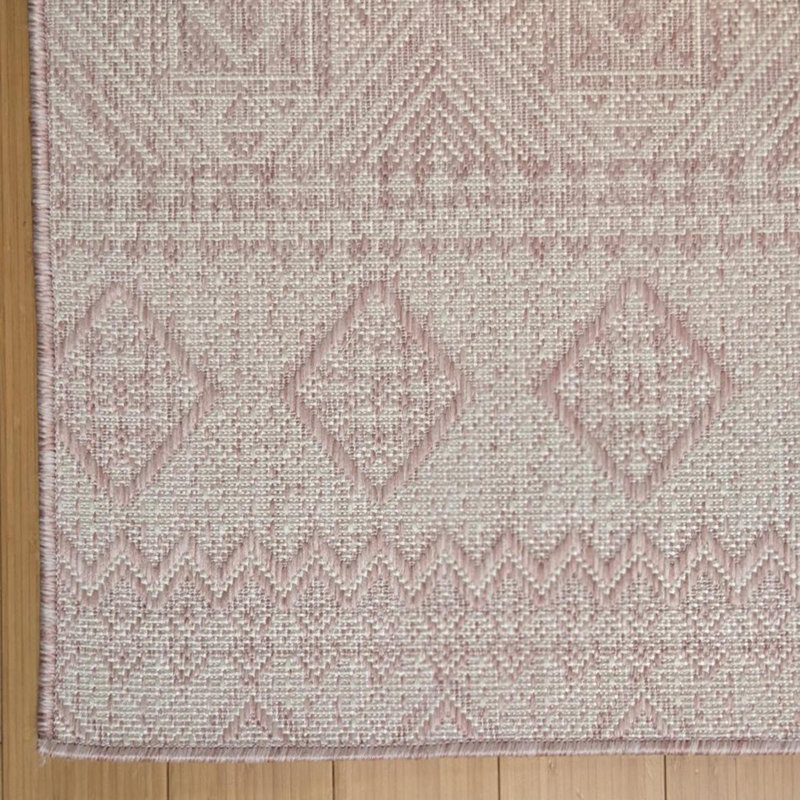 Savara Mayview Pink Ivory Cream Moroccan Bohemian Indoor/ Outdoor Polypropylene Flatweave Area Rug, Rectangle 5'3" x 7'