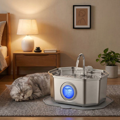Fontaine en acier inoxydable pour chat, distributeur automatique d'eau pour animal de compagnie de 3,2 oz avec fenêtre de niveau d'eau, pompe silencieuse, comprend 1 filtre et 1 éponge, utilisation à l'intérieur