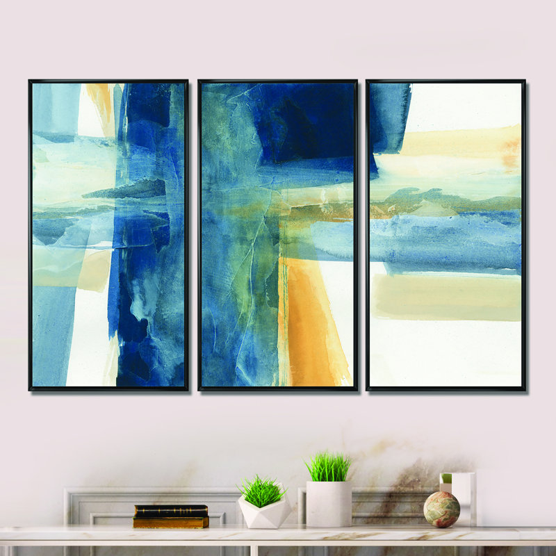 Indigo Panel VI - Ensemble de 3 reproductions d'art moderne sur toile encadrées, Cadre noir, L 36 po x H 28 po