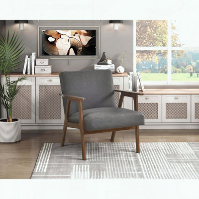 Fauteuil d'appoint Mid-Century moderne en bois, tissu texturé et bois d'hévéa massif
