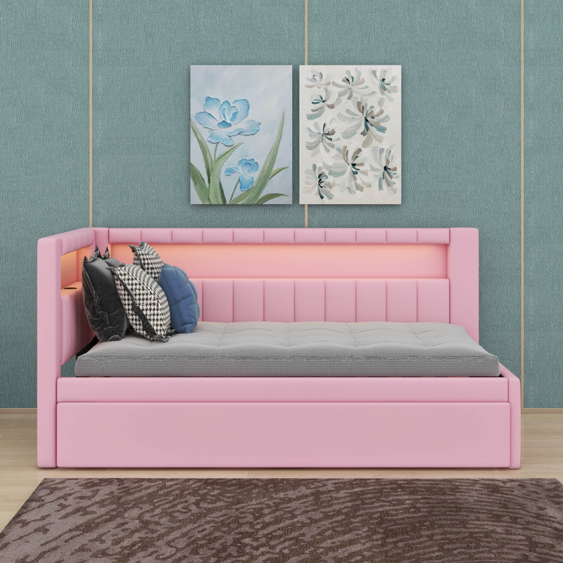 Lit plateforme simple tapissier avec ports USB et lit gigogne, Rose