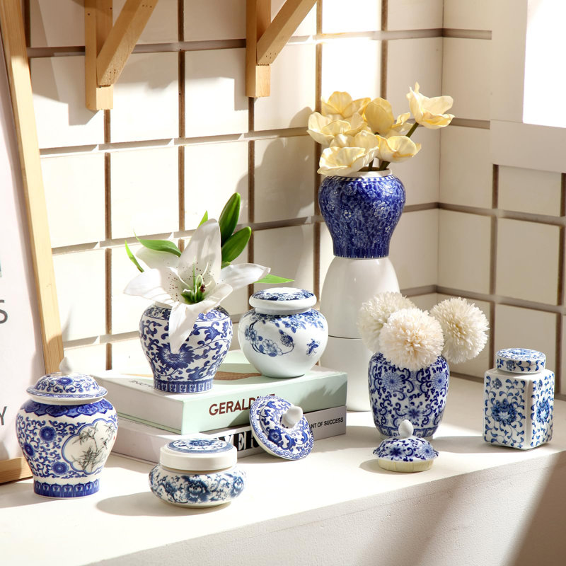 6 petits pots bleus et blancs en céramique avec pot de gingembre avec couvercle Vases en porcelaine de style chinoiserie
