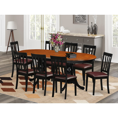 Ensemble de table de salle à manger 9 pièces comprenant une table de cuisine ovale avec rallonge papillon et 8 chaises de salle à manger en similicuir, noir et cerise