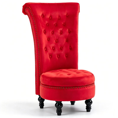 Fauteuil royal à haut dossier, accoudoirs en velours sans accoudoirs avec rangement, garniture cloutée, pieds en bois d'hévéa massif pour la chambre du salon - rouge