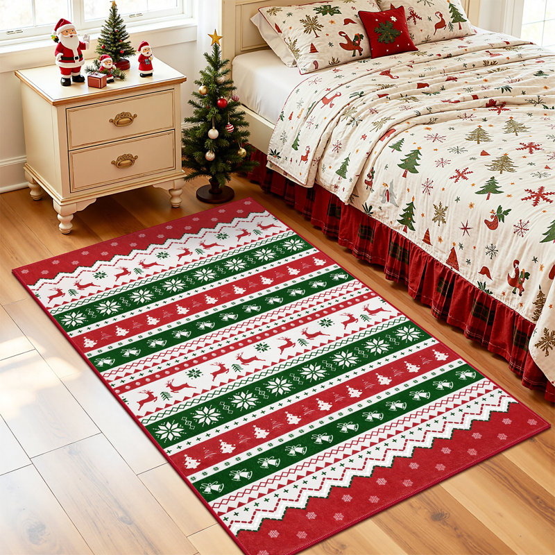 Christmas Party Machine Washable Area Rug Red/White/Green, Rectangle 3' x 5'