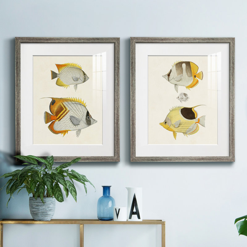 «Yellow & Gray Fish I», ensemble de 2 reproductions d'art sur toile encadrées