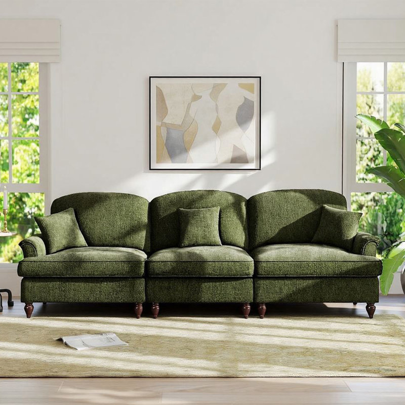 107.1''Mid-Century Chenille 3-Seater Sofa Couch with Ruffled Skirt, Green