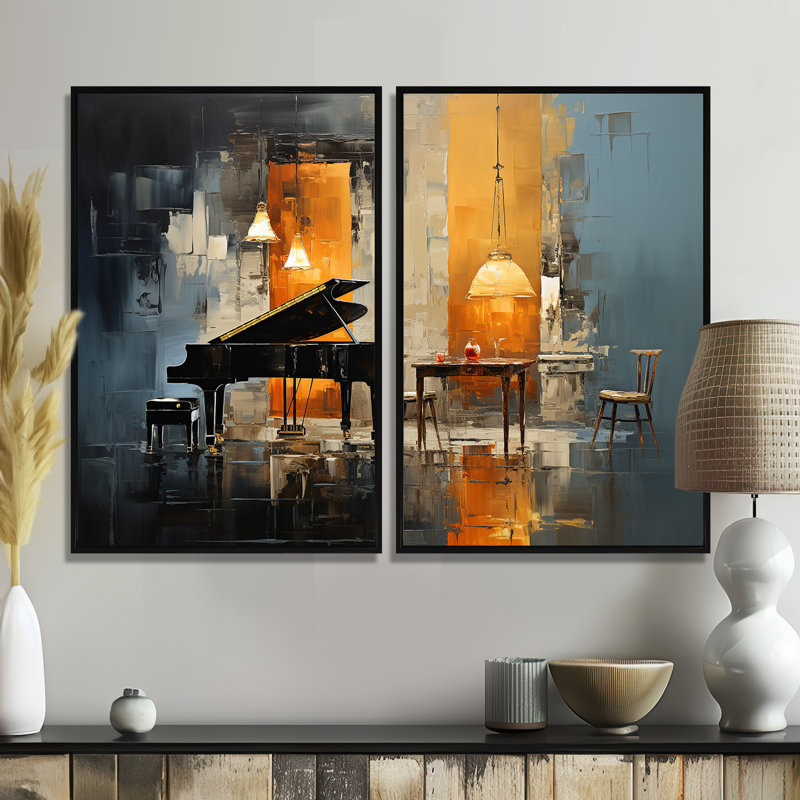 «Yellow and Blue Piano Jazz Room Harmony I - Music Music Jazz», art mural 2 pièces, 36" H x 48" W, Black